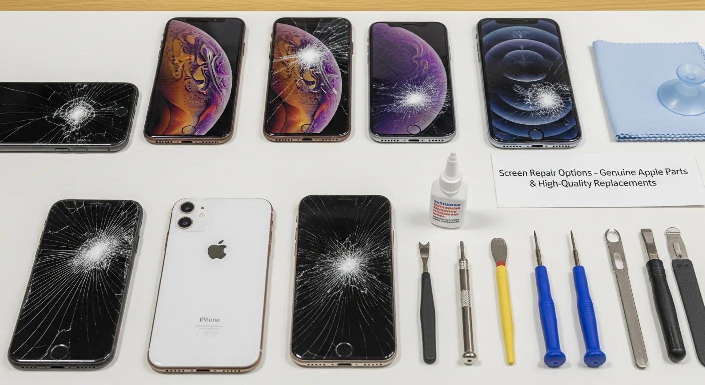 iPhones with cracked screens and repair tools, highlighting Bizup's screen repair options using genuine Apple parts and high-quality replacements.