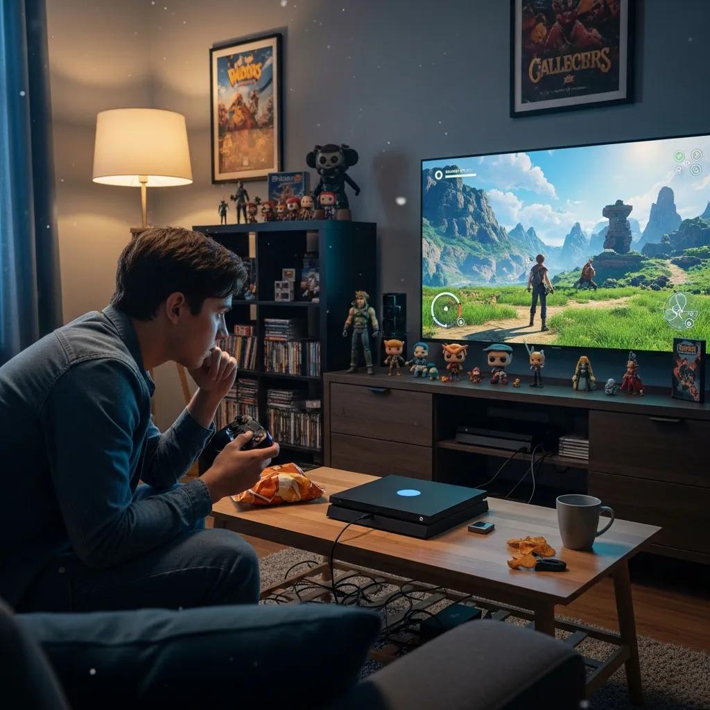 Person gaming on a console in a living room, focused on a large screen displaying a scenic video game landscape, with snacks and collectibles visible on the table and shelves.