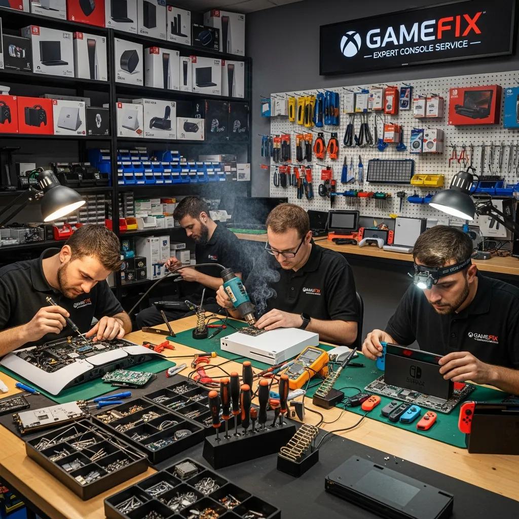 Technicians repairing gaming consoles, including PlayStation, Xbox, and Nintendo Switch, in a professional repair shop with tools and components visible, highlighting expert console service.