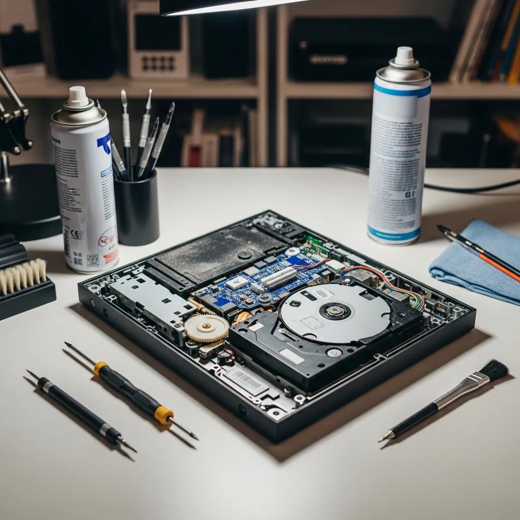Gaming console repair tools and opened console showcasing internal components on a workbench, with cleaning supplies and precision tools for expert repairs.