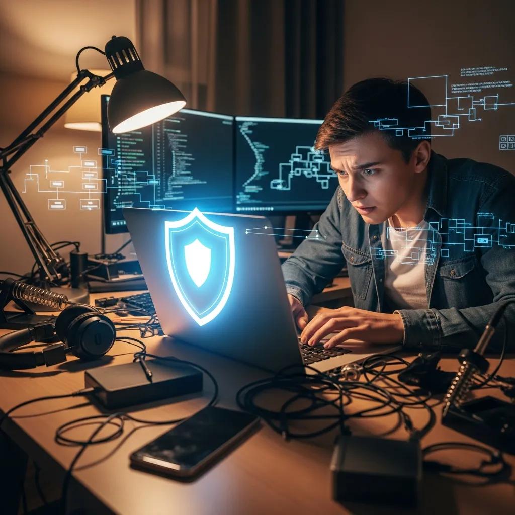 Person in a home office looking concerned while working on a laptop, with cybersecurity graphics, symbolising the need for computer repair and data security services.