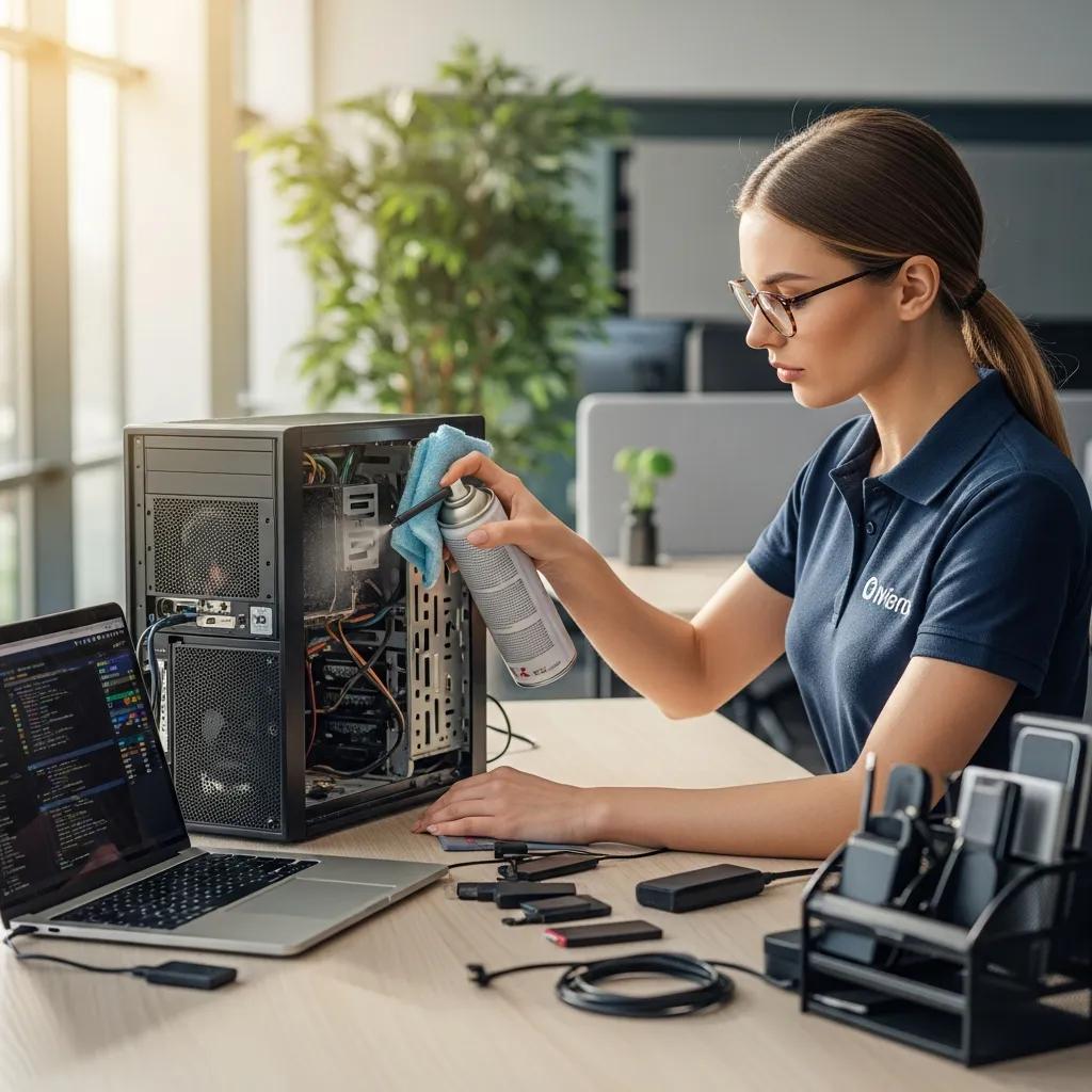 Technician cleaning a computer in a modern office, demonstrating professional virus removal services and IT support in Murray Bridge.