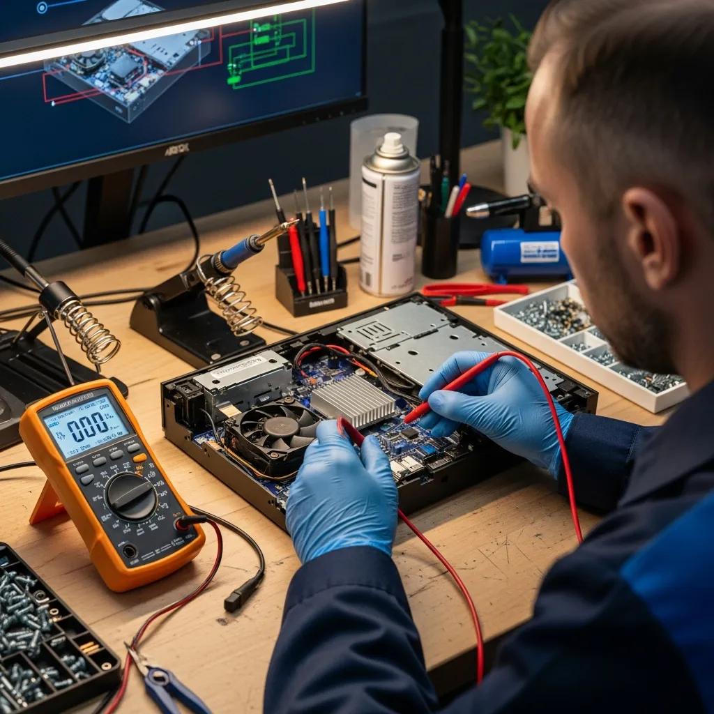 Technician diagnosing an Xbox console with diagnostic tools in a repair shop, surrounded by tools and components, illustrating gaming console repair services.