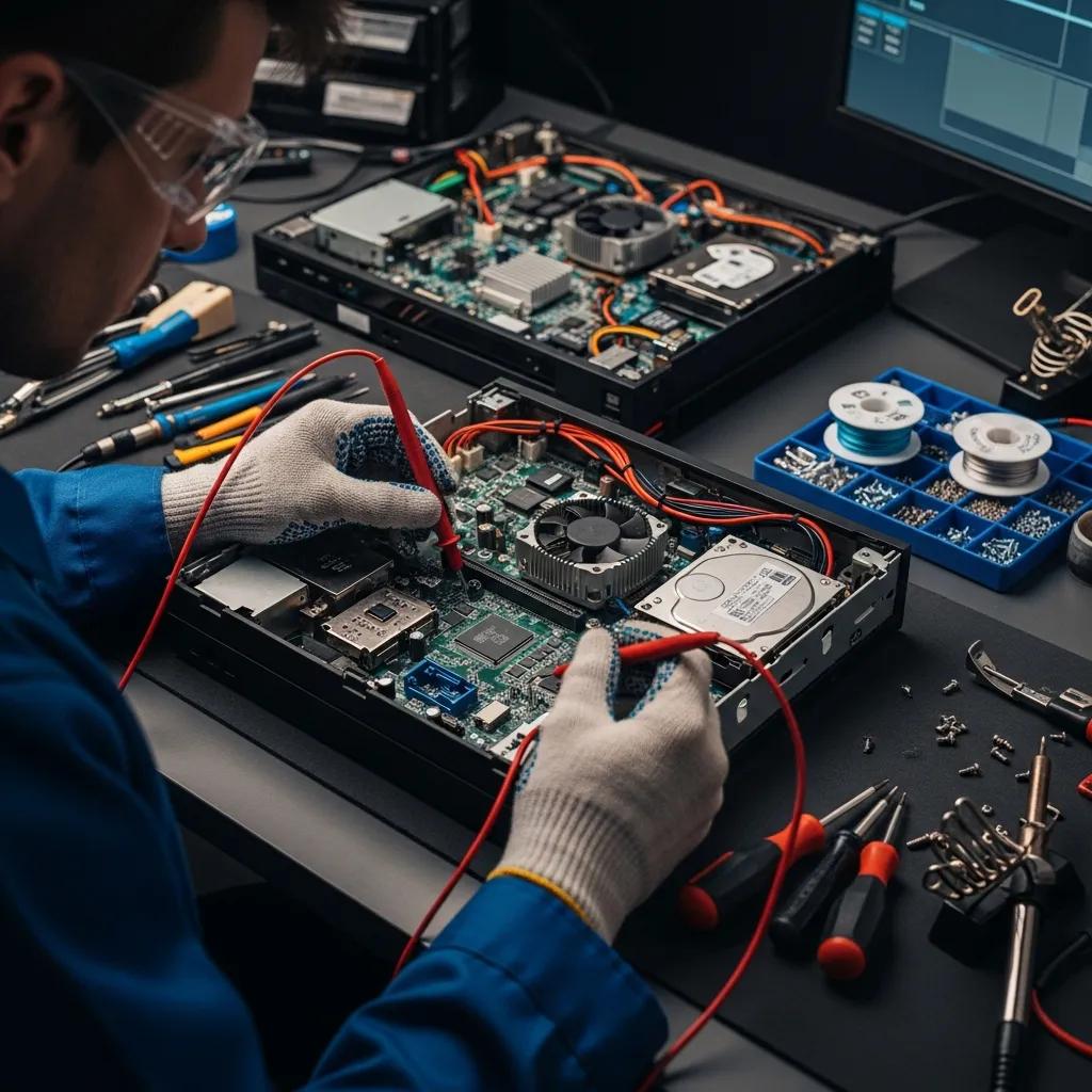 Technician diagnosing internal components of gaming consoles with diagnostic tools, surrounded by tools and spare parts, highlighting expertise in console repairs.