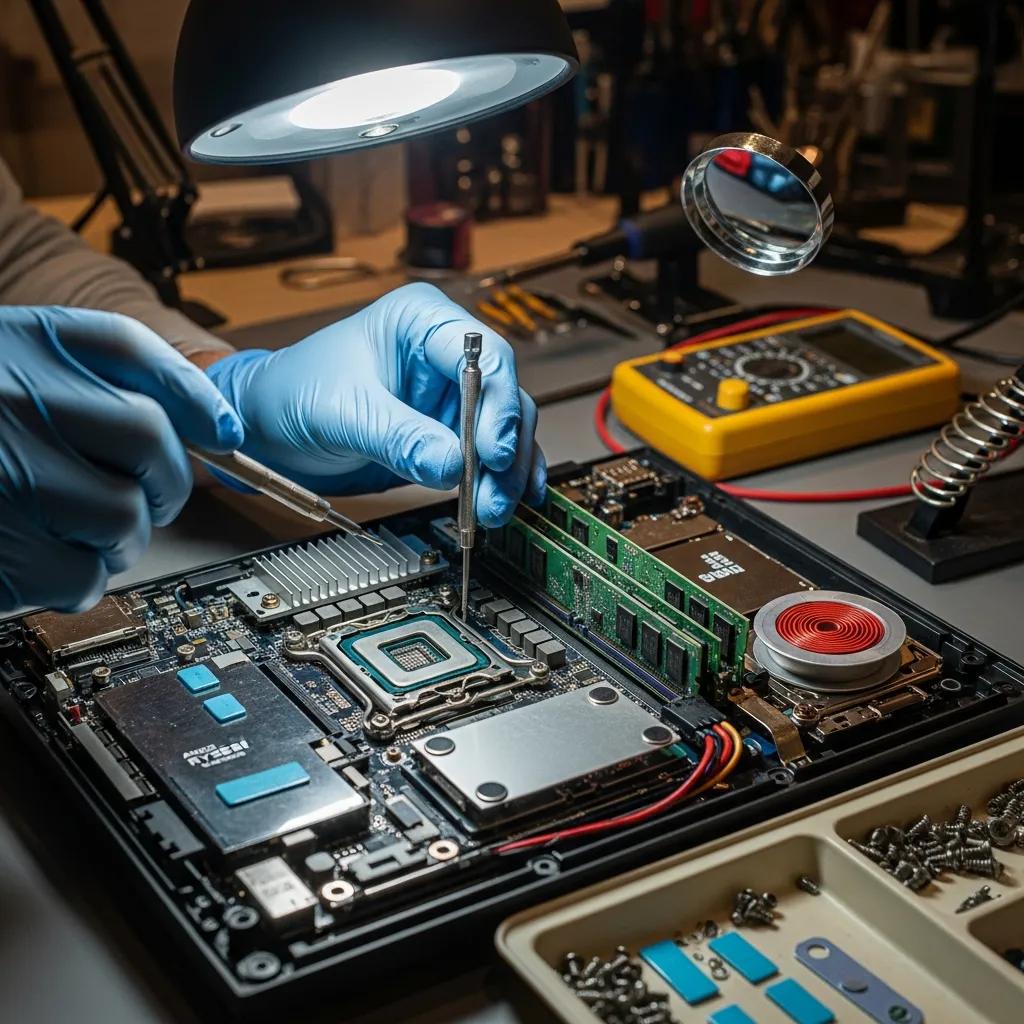 Technician wearing blue gloves examining internal components of a PlayStation console during repair, with tools and diagnostic equipment visible on the workbench.