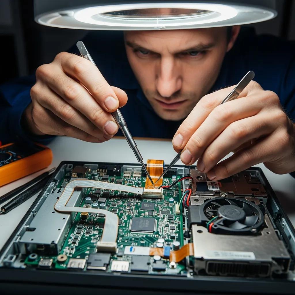 Technician performing repairs on a gaming console motherboard, using precision tools under bright lighting, illustrating expert diagnostics and repair services in Port Augusta.