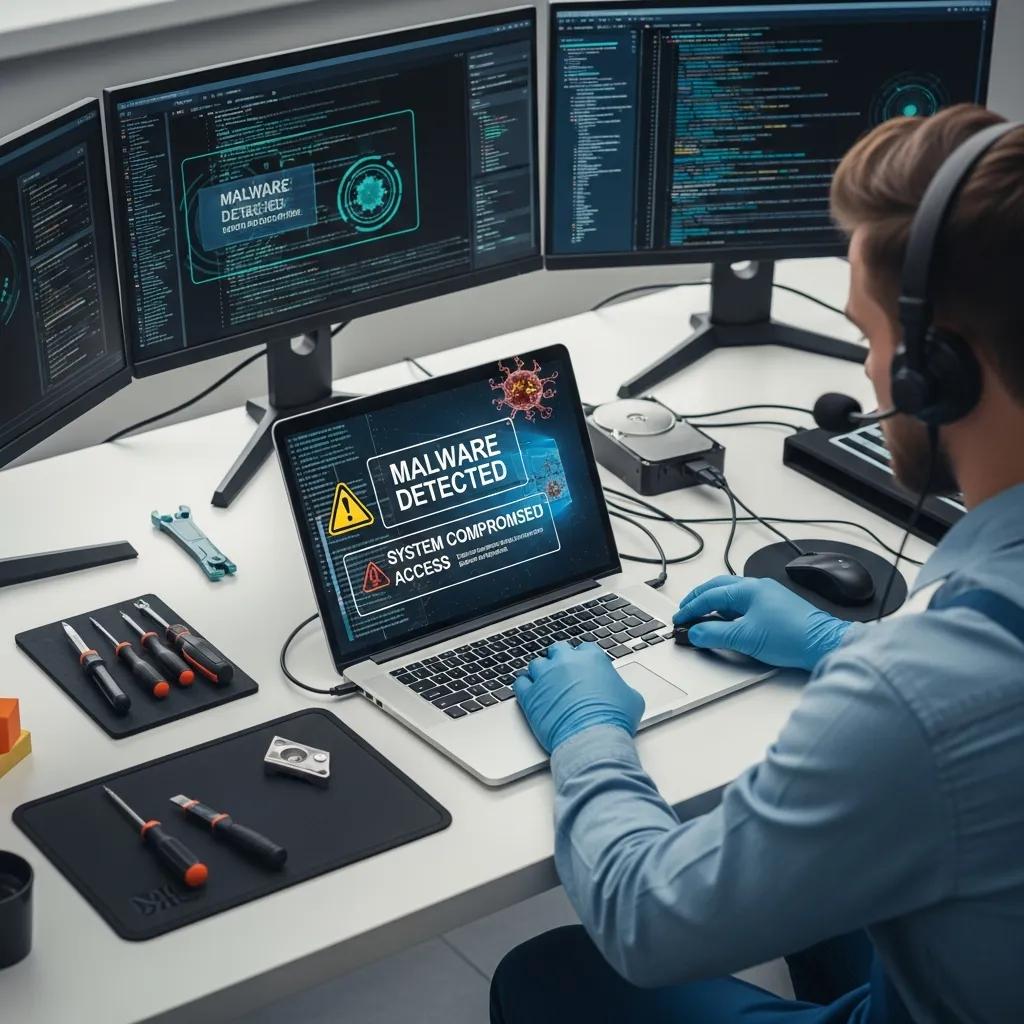 Technician wearing gloves working on a laptop displaying "Malware Detected" alert in a modern IT support environment with multiple monitors and tools for hacked computer repair.