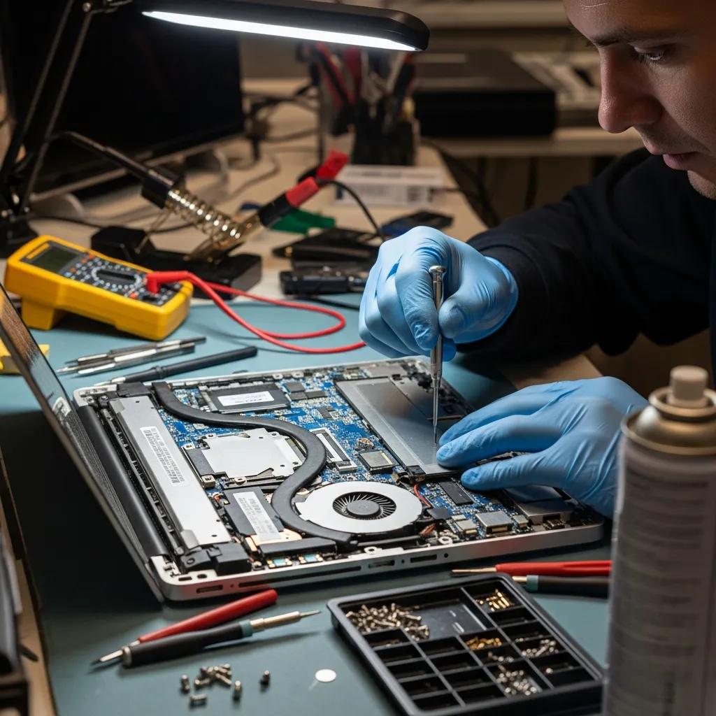 Technician repairing a laptop with tools in a computer repair setting, highlighting expertise in hardware troubleshooting and device maintenance.
