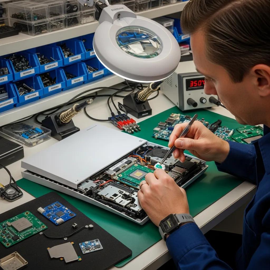 Technician repairing a gaming console, focusing on internal components and thermal paste application, with tools and parts visible in a well-equipped workspace.