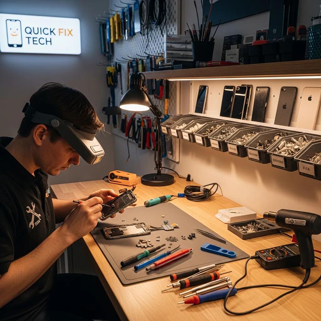 Technician repairing smartphone in modern repair shop, showcasing quality phone repair services with tools and components on desk.