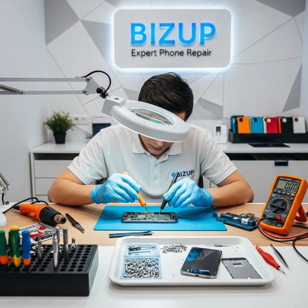 Technician repairing smartphone screen at BizUp phone repair shop, surrounded by tools and equipment, highlighting expert phone repair services in Murray Bridge.