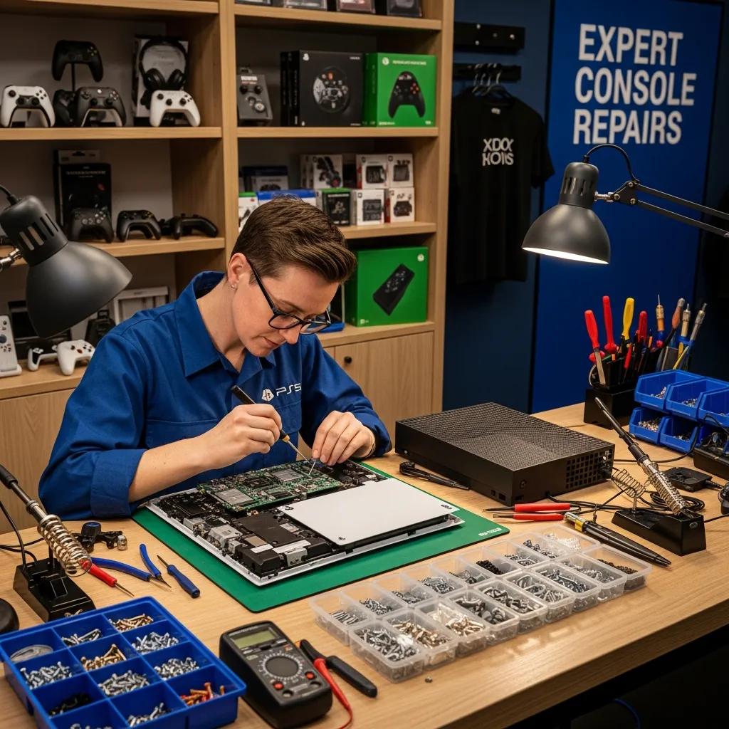 Technician repairing gaming console components on a workbench, surrounded by tools and gaming accessories, emphasising expert console repairs in Port Augusta.