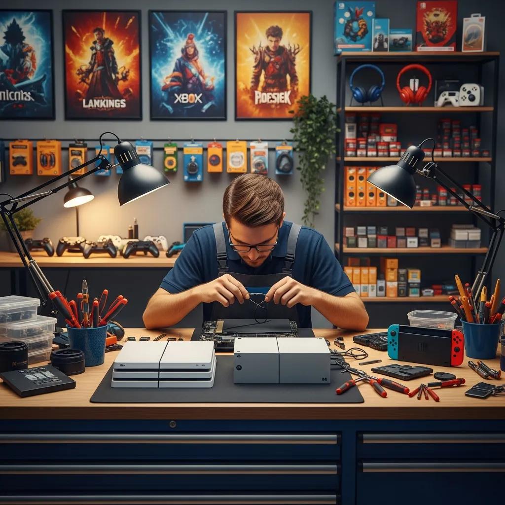 Technician repairing gaming consoles in a professional repair shop, featuring various gaming devices, tools, and accessories, emphasising affordable gaming console repairs in Port Augusta.