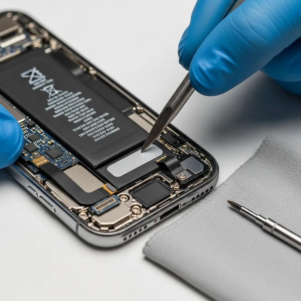 Technician using precision tools to replace an iPhone battery, showcasing internal components and repair process for improved device performance.