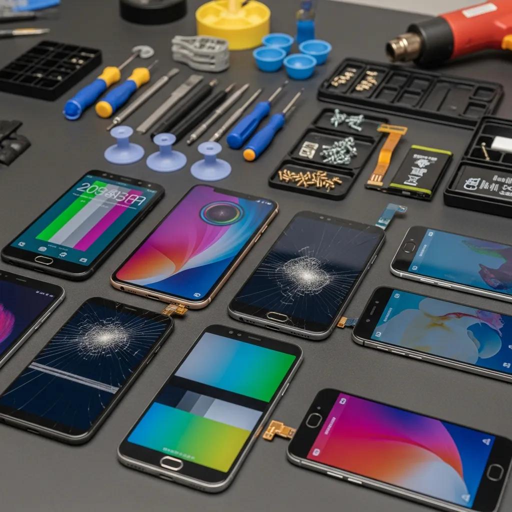 Variety of smartphone screens, including cracked and intact options, alongside repair tools, illustrating screen replacement services offered by Bizup in Murray Bridge.
