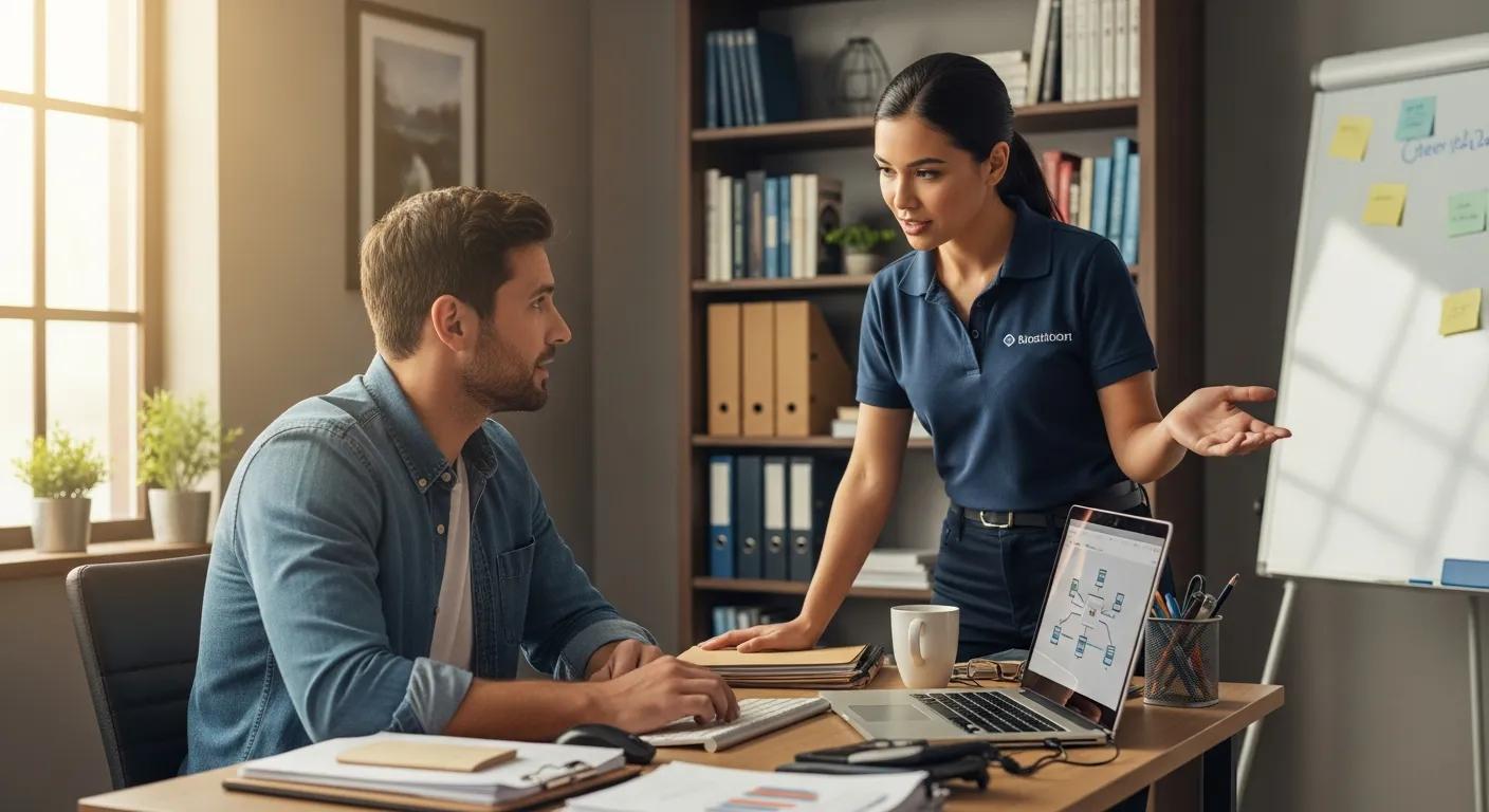 Professional discussing computer support solutions with a client in an office, featuring a laptop displaying a network diagram and a notepad on the table, emphasizing IT support for small businesses.