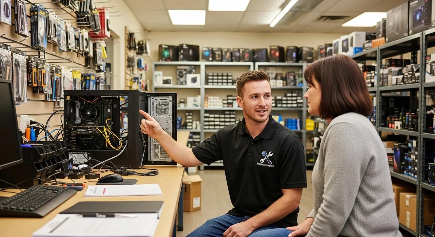 Technician explaining computer repair services to a customer in a local IT shop, showcasing a desktop computer and various tech products in the background.