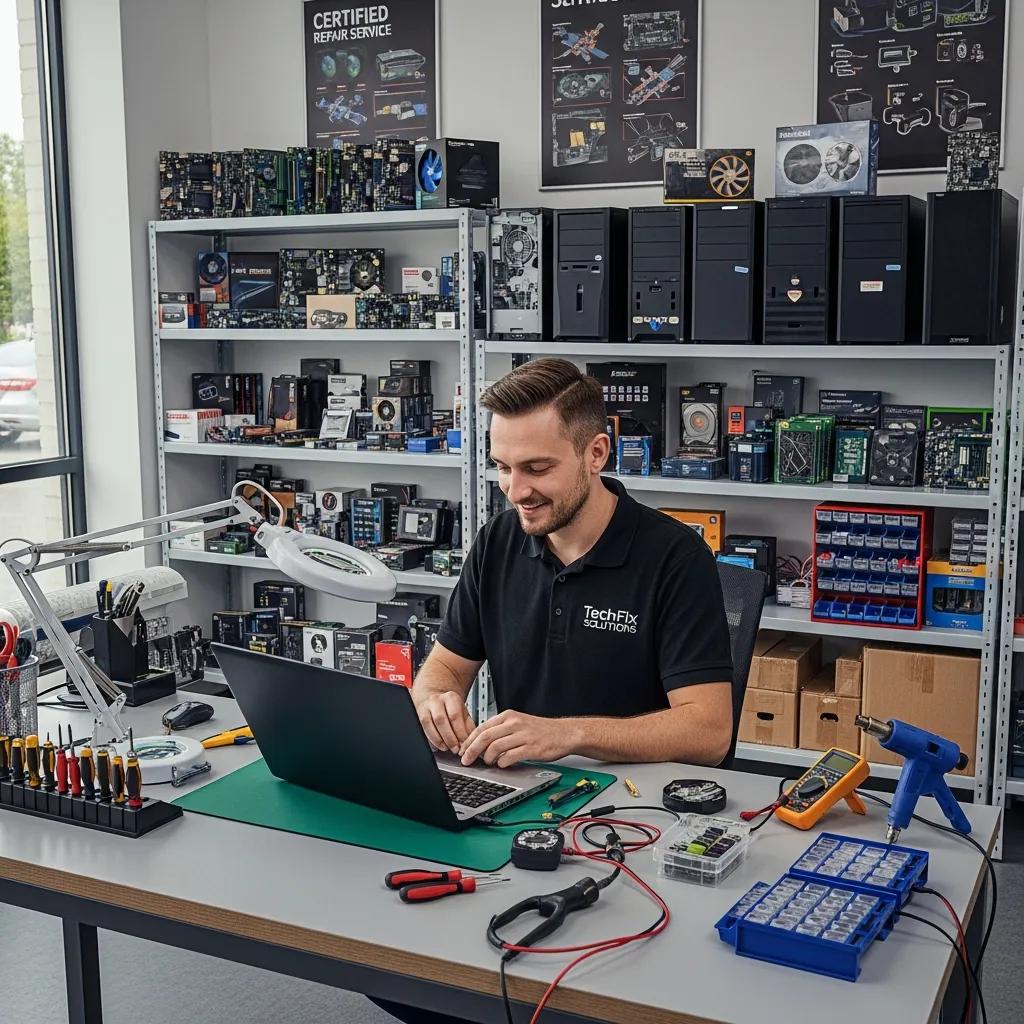 Technician working on laptop in professional computer repair shop, surrounded by tools and components, showcasing reliable tech repair services for Murray Bridge residents.