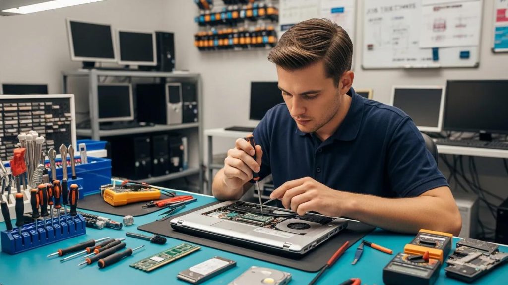Technician repairing a laptop in a professional computer repair shop