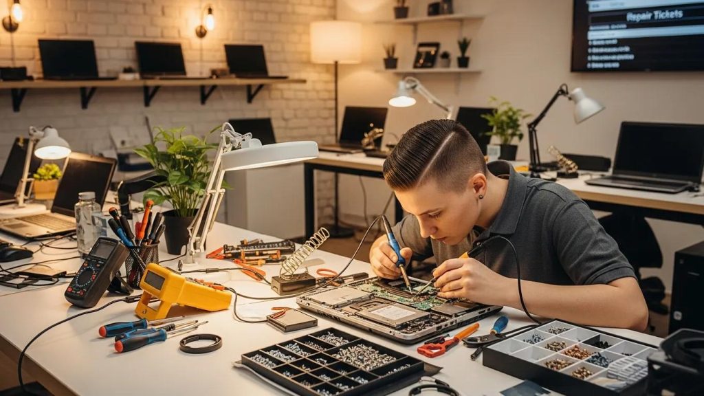 Technician repairing a laptop in a modern computer repair shop