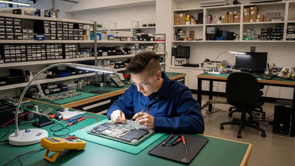 Technician repairing a MacBook in a modern repair shop