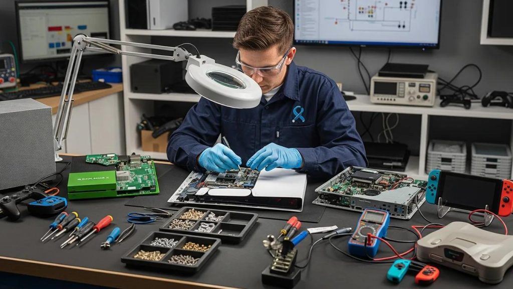Technician repairing gaming consoles including PlayStation, Xbox, and Nintendo in a professional setting