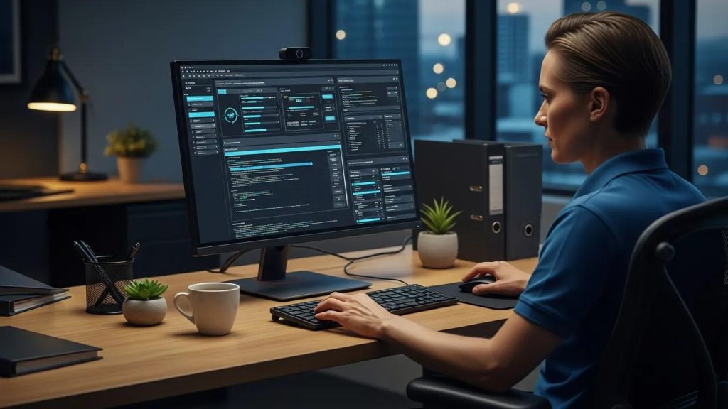 Technician performing virus removal on a computer in a professional workspace