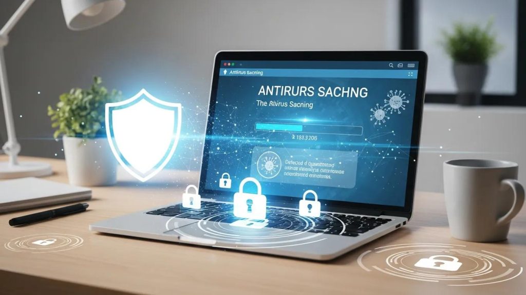 Modern workspace with antivirus software on laptop, symbolizing virus removal and cybersecurity
