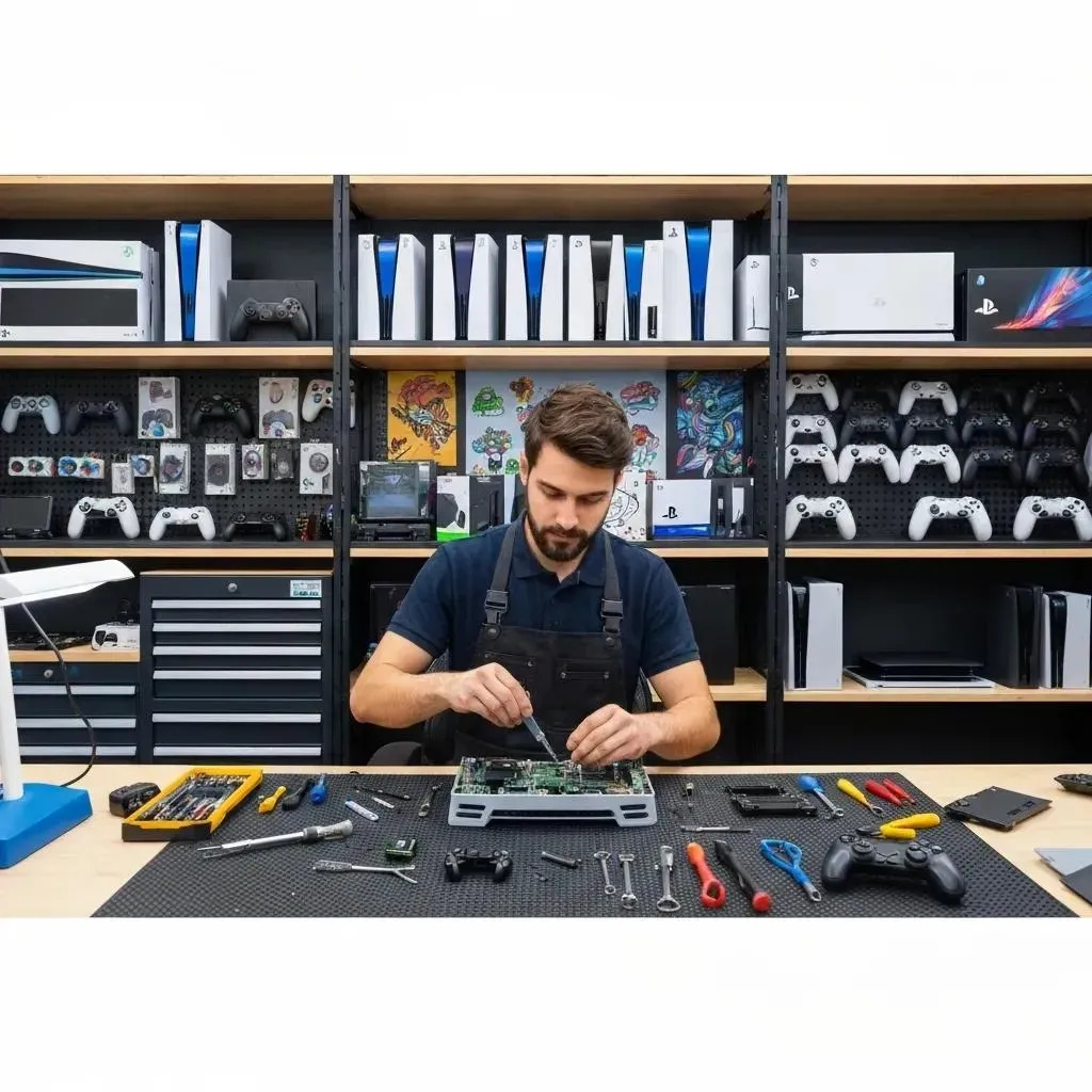 Interior of an electronics store featuring shelves of phone repair kits and tools for DIY enthusiasts